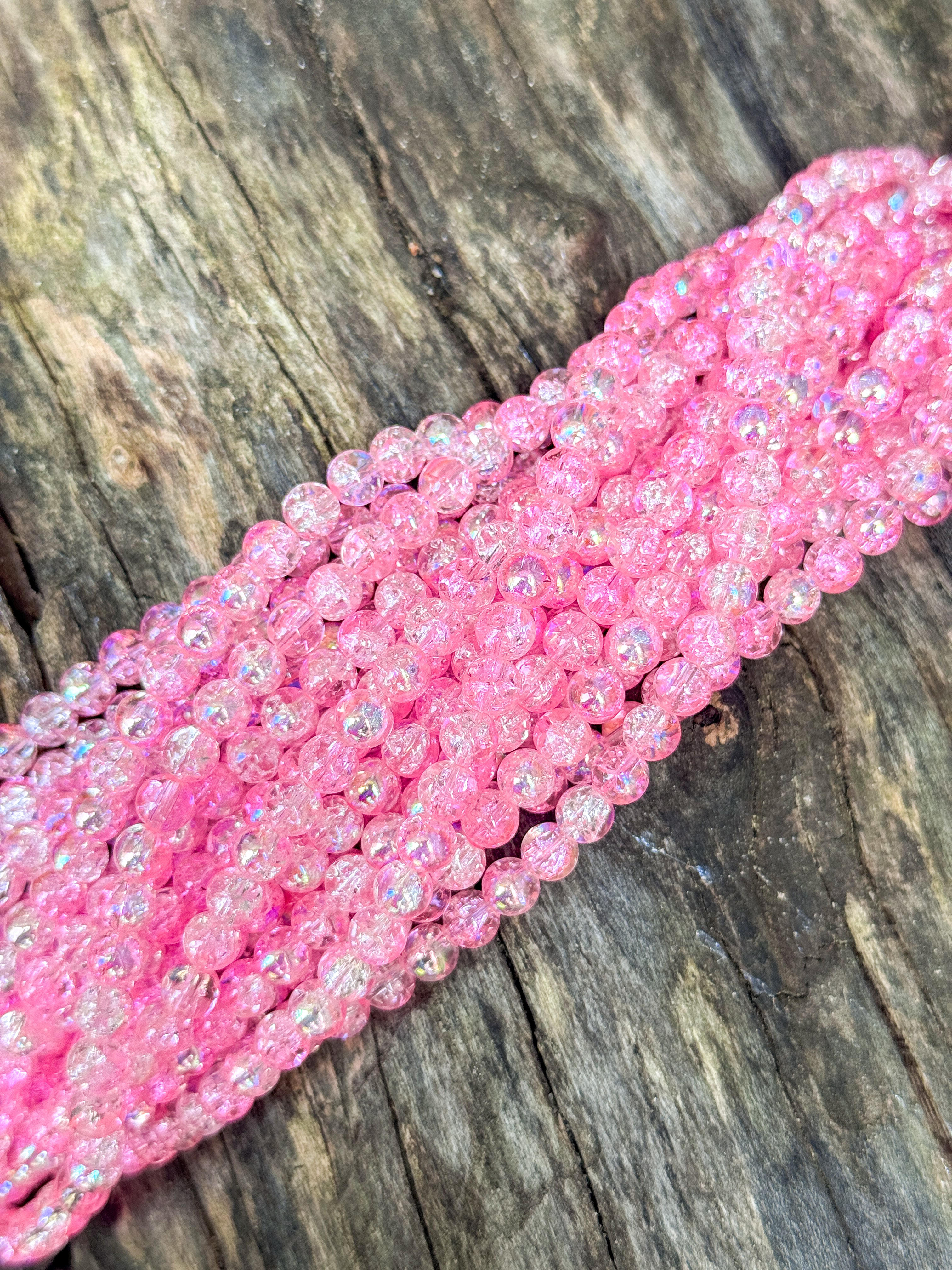 6mm Rose Pink AB Glass Crackle Beads