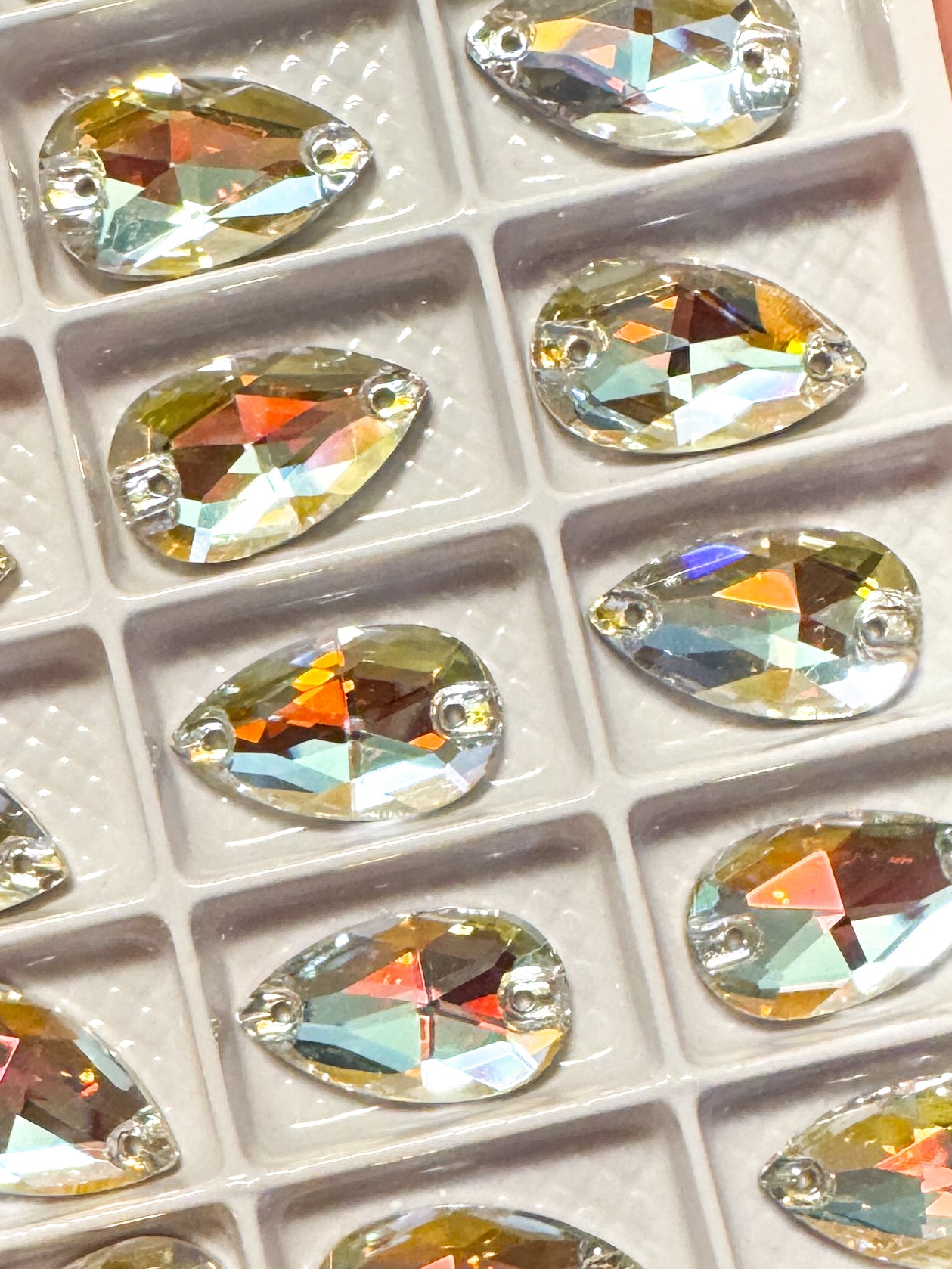 Light Crystal AB Glass Crystal Teardrop 11x18mm: Sold Per Pair, Half Tray, or Tray
