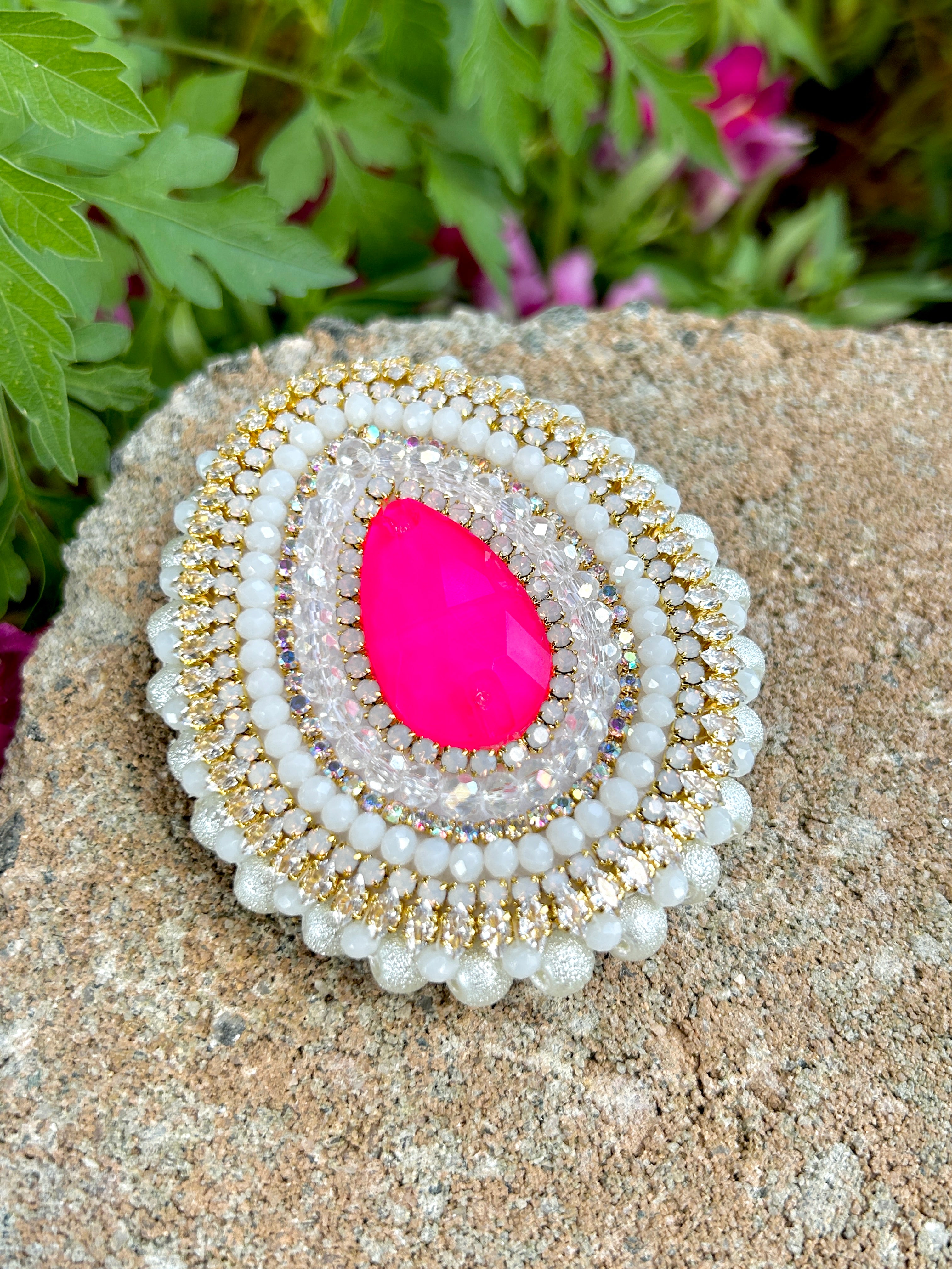 Neon Pink & White Phone Grip or Badge Reel