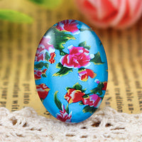Oval Blue Floral Glass Cabochons 18x25mm