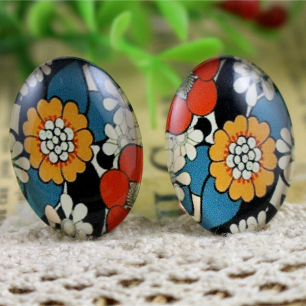 Blue Floral Oval Glass Cabochons 18x25mm