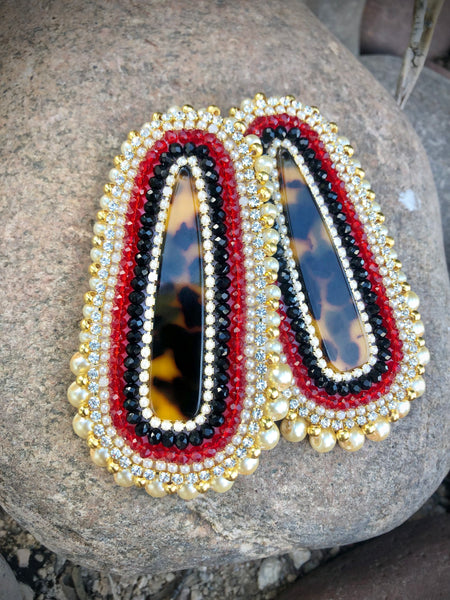 Red, Black, & Pearl Leopard Print Beaded Earrings