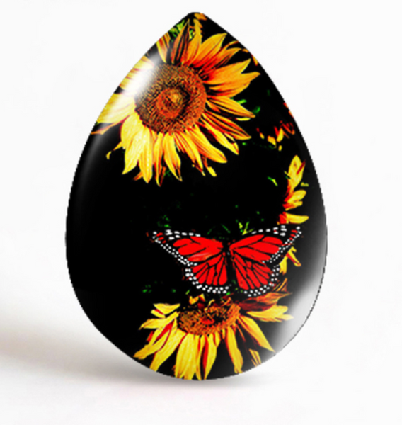 18x25mm Black & Red Butterfly Sunflower Teardrop Glass Cabochon