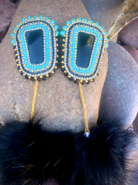 Gold, Black, & Turquoise Beaded Pom Pom Earrings
