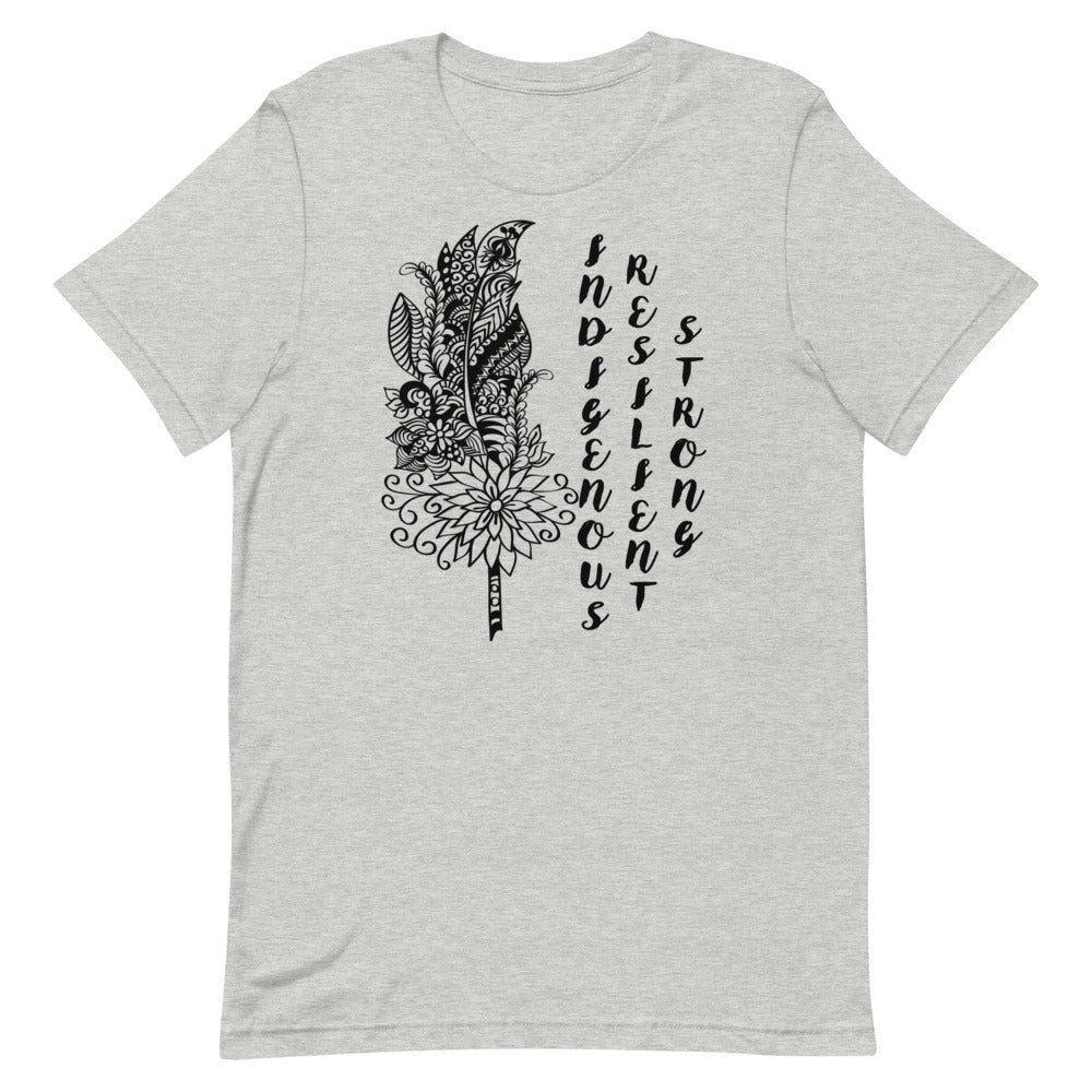 Indigenous Feather T-shirt: Black Writing