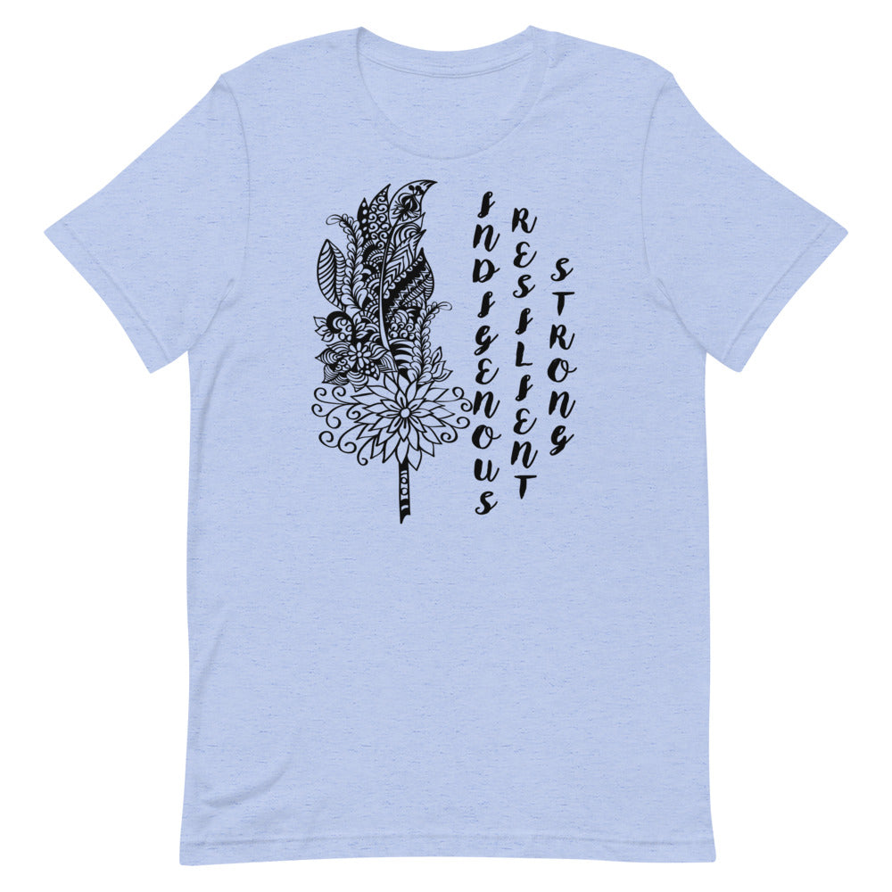Indigenous Feather T-shirt: Black Writing