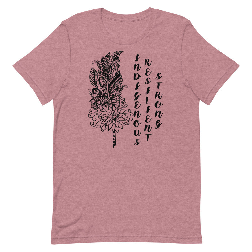 Indigenous Feather T-shirt: Black Writing