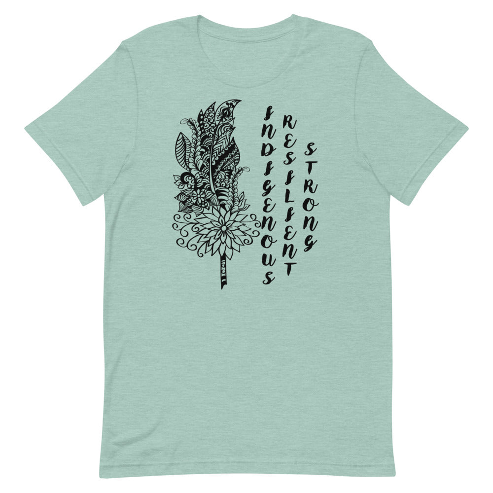 Indigenous Feather T-shirt: Black Writing