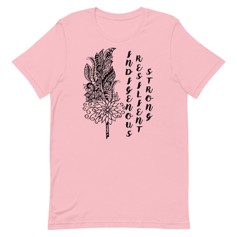 Indigenous Feather T-shirt: Black Writing