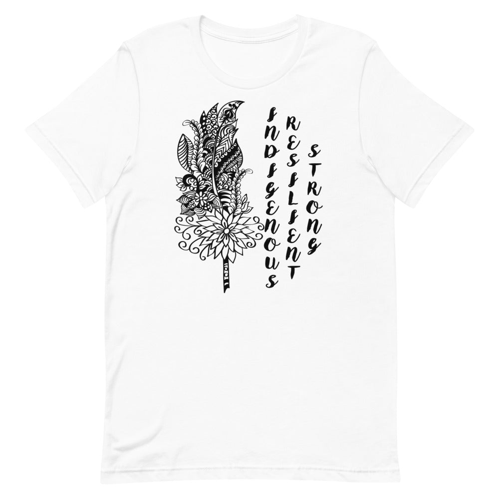 Indigenous Feather T-shirt: Black Writing